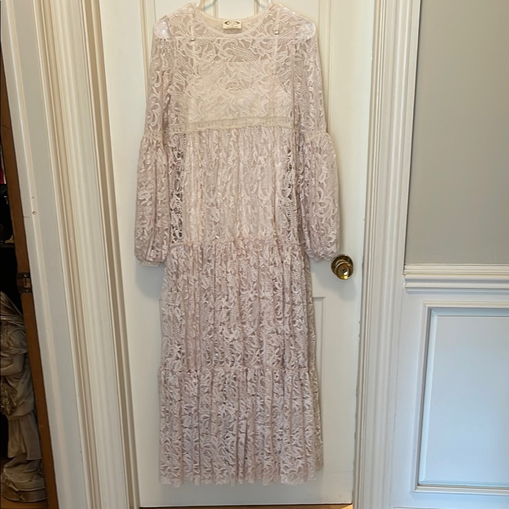 Cream Joyfolie overlay lace dress with slip dress